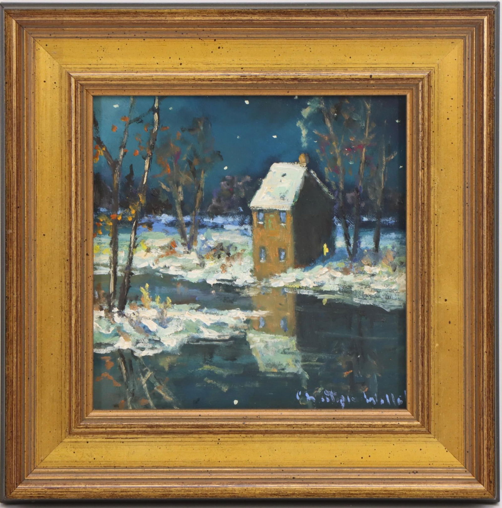 Christopher Willett (born 1959): Oil on board. Along the Nashiminy Creek", SLR. 5"h x 5"w and 7.25"h x 7.25"w framed