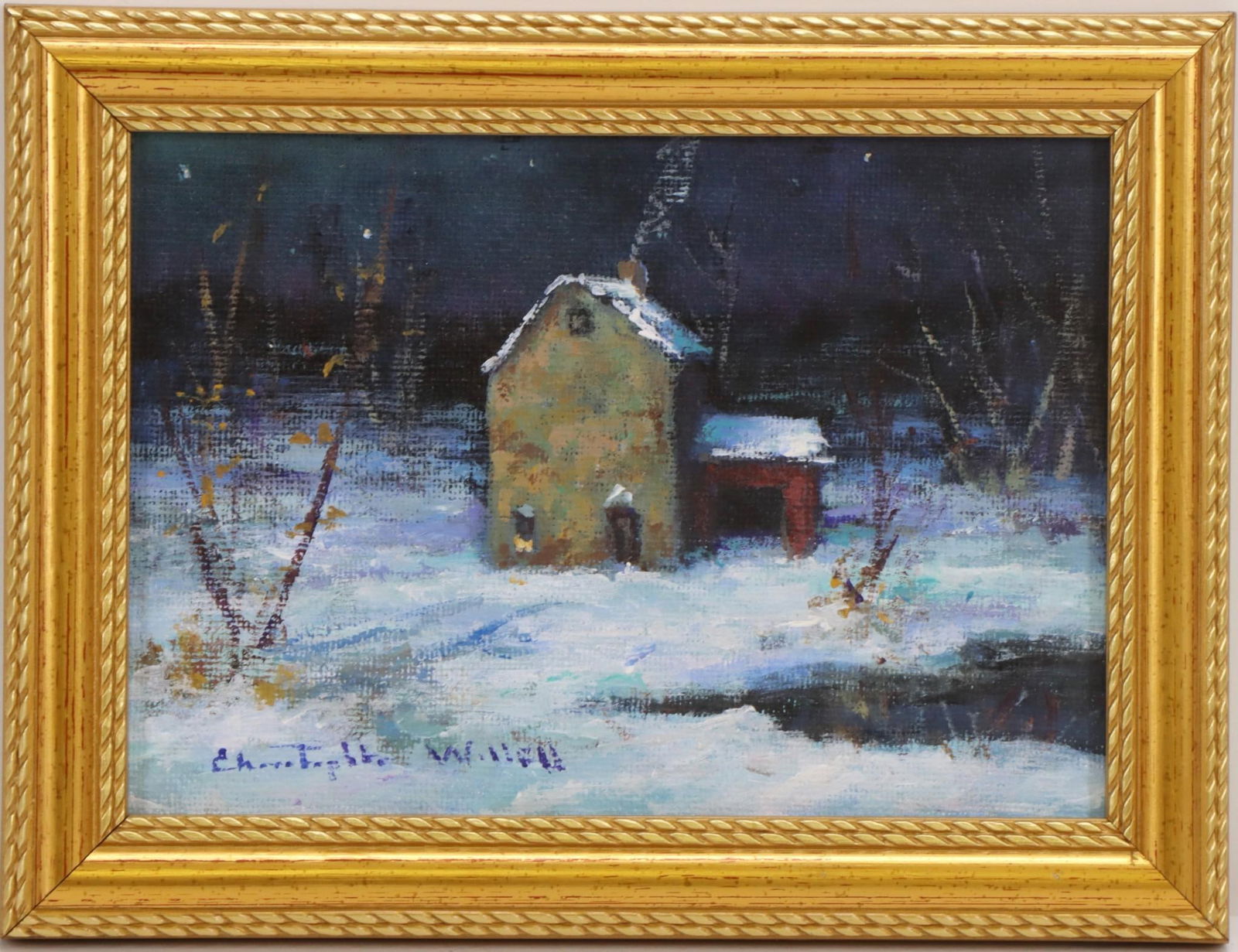 Christopher Willett (born 1959): Oil on board, "Barn at Tuckamony Farm", SLL. 5"h x 7"w 6.25"h x 8.25"w