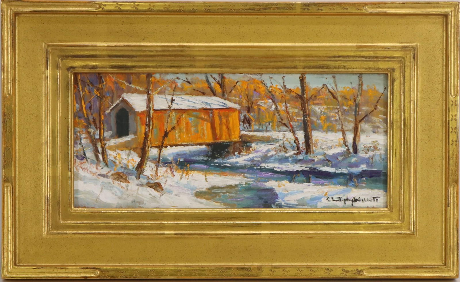 Christopher Willett (born 1959): Oil on board, "Bridge in Doylestown", SLR. 4.25"h x 10"w and 8.5"h x 14"w framed