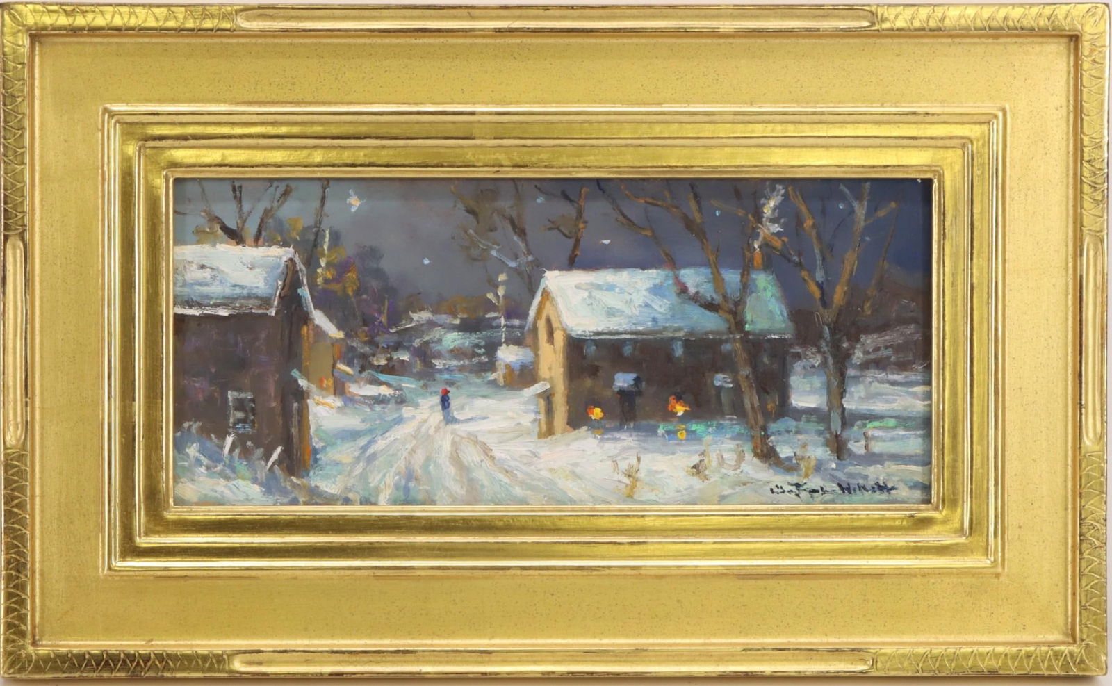 Christopher Willett (born 1959): Oil on board, SLR. Double sided with a winter nocturne and a canal scene. 4"h x 10"w and 8.5"h x 14"w framed