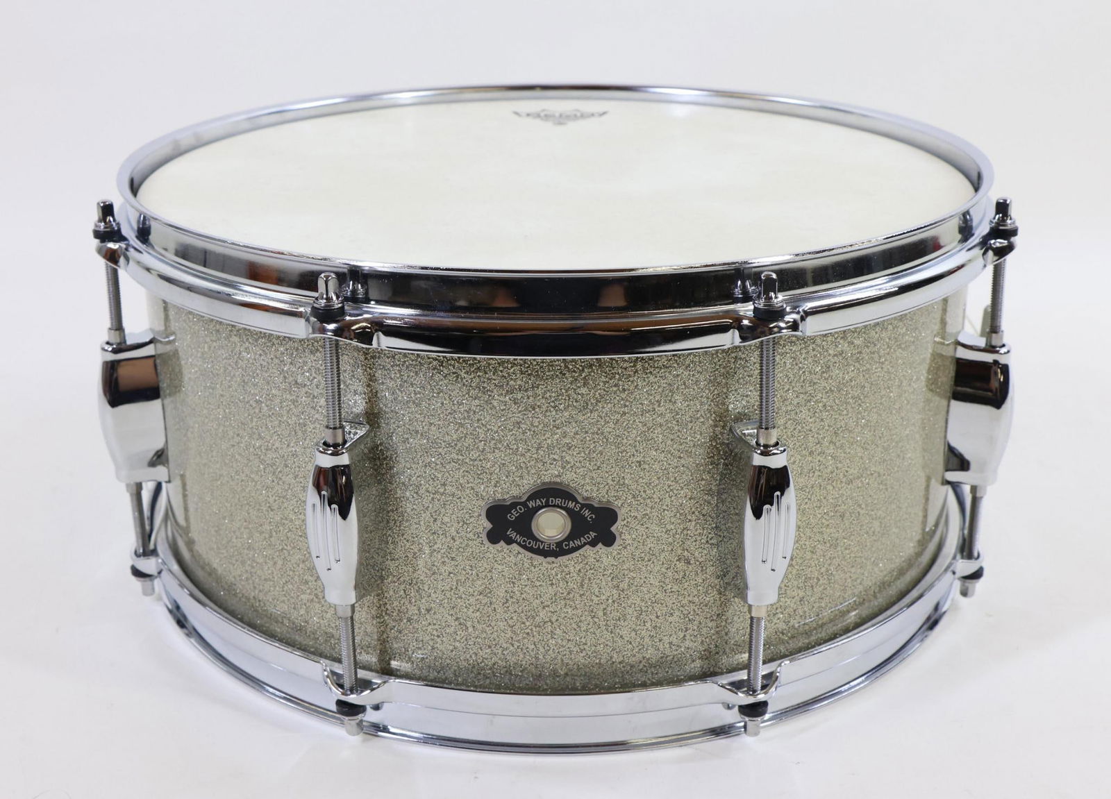 G. Way Snare Drum: George Way 6.5"X 14" Snare Drum, Vancouver Canada, 2013. Like New. 4-ply Shell. Champagne Sparkle Finish. Remo Fiberskyn Batter.