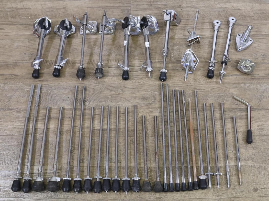 Bass Drum Parts: Large Assortment (32 Plus) Bass Drum Spurs, Stems and Mounts. New and Like New