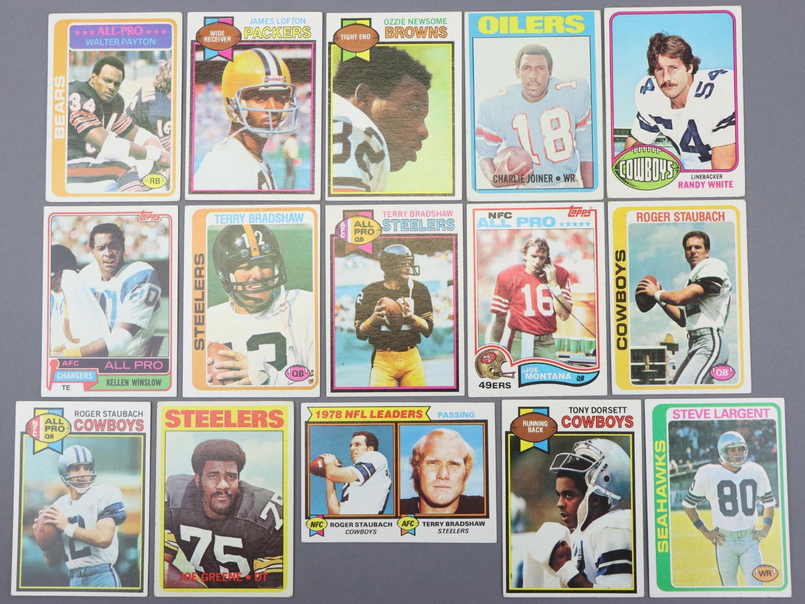 (15) 1970's NFL Rookies & Hall of Famer Football Cards: (15) 1970's-80s NFL Rookies & Hall of Famer football cards:1978T #200 Walter Peyton, 1979T #310 James Lofton rookie, 1979T #308 Ossix Newsome rookie, 1974T #244 Charlie Joiner rookie, 1976T #158 Randy