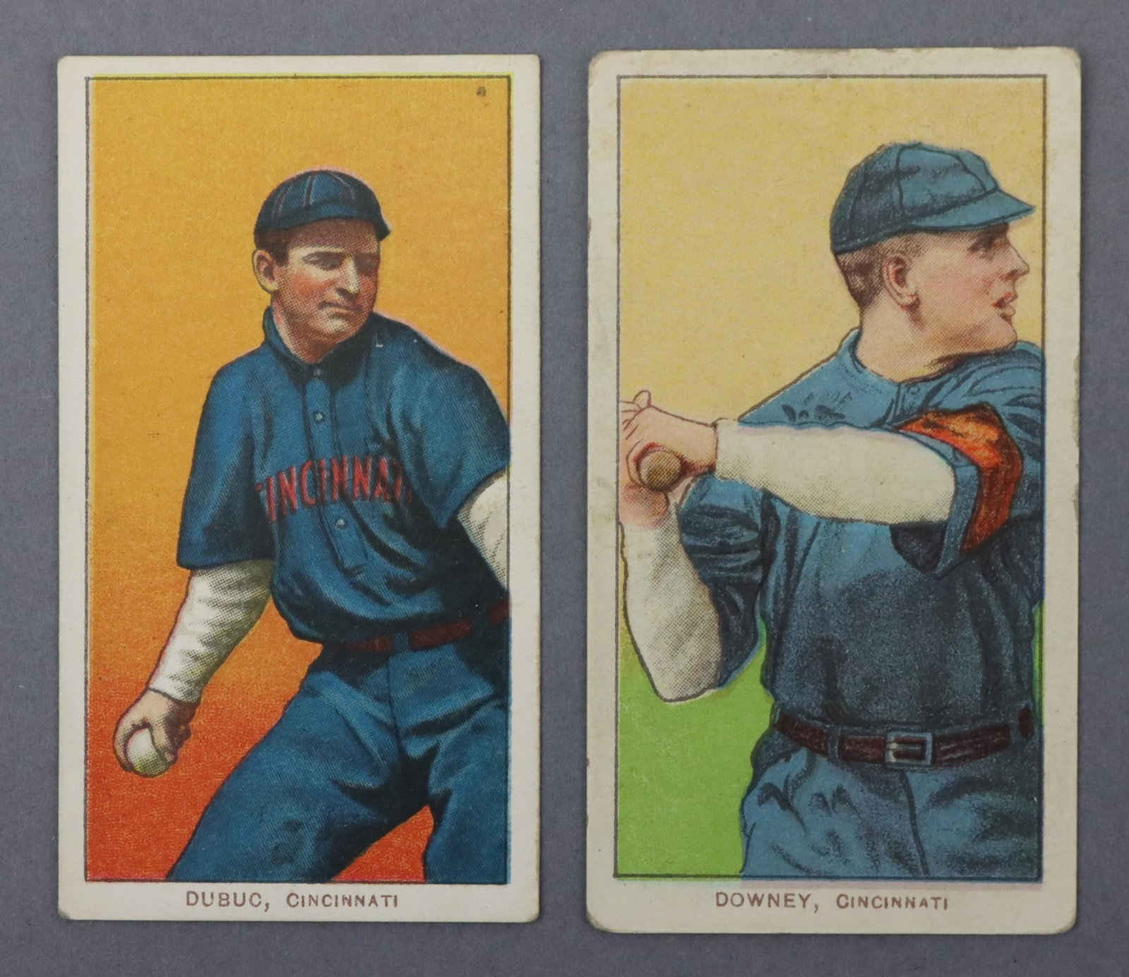 (2) 1909-11 T206 Piedmont Baseball Tobacco Cards: (2) 1909-11 T206 Piedmont White Border baseball tobacco cards: Jean Dubuc & Tom Downey (batting variation). The cards are free of creases & very good centering. Both cards feature a Piedmont 350 Subje