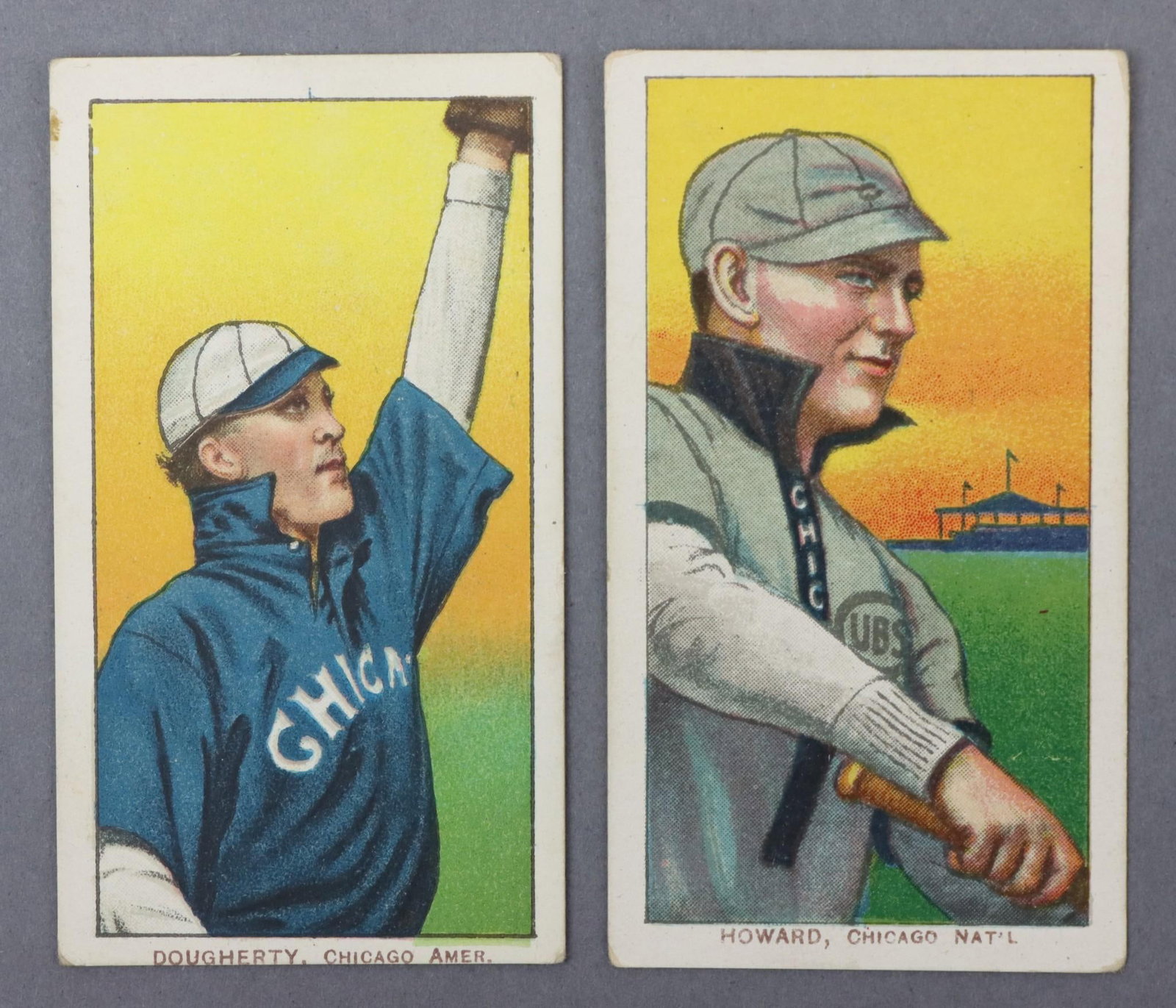 (2) 1909-11 T206 Piedmont Baseball Tobacco Cards: (2) 1909-11 T206 Piedmont White Border baseball tobacco cards: Patsy Dougherty (arm in air variation) & Del Howard. The cards are free of creases & very good centering. Both cards feature a Piedmont 3