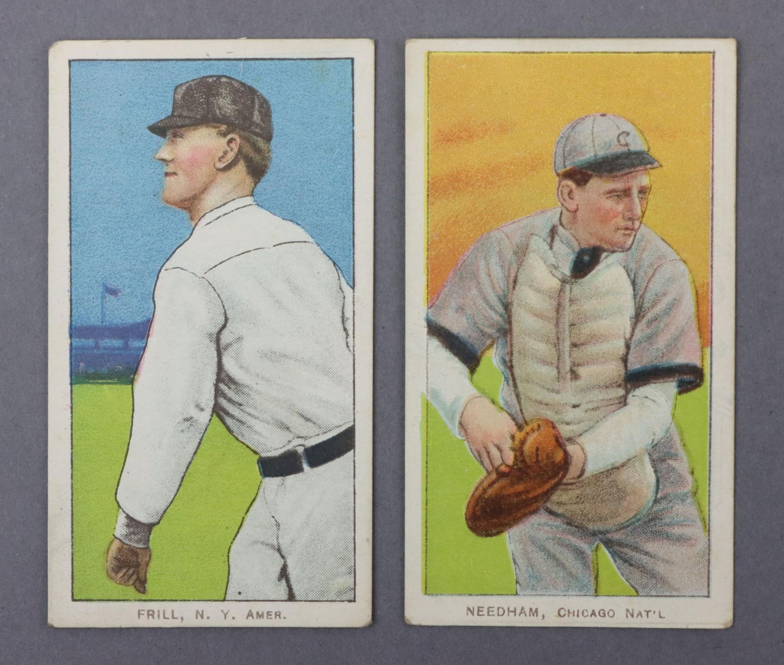 (2) 1909-11 T206 Piedmont Baseball Tobacco Cards: (2) 1909-11 T206 Piedmont White Border baseball tobacco cards: John Frill & Tom Needham. The cards are free of creases w/good centering. Both cards feature a Piedmont 350-460 Subjects ad back and a fa