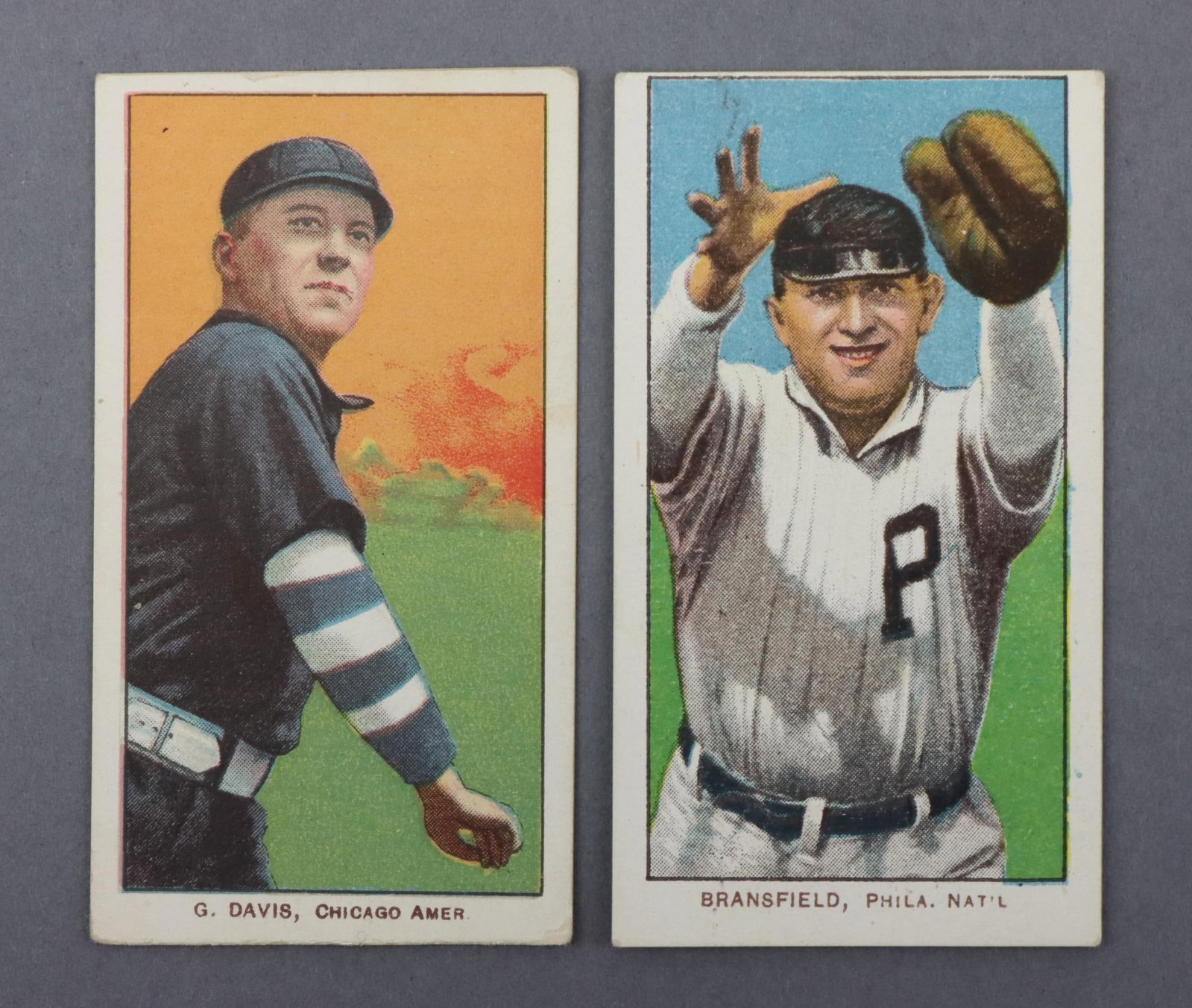 (2) 1909-11 T206 Sweet Caporal Baseball Tobacco Cards: (2) 1909-11 T206 Sweet Caporal White Border baseball tobacco cards: George Davis & Kitty Barnsfield. The cards are free of creases, have fair to very good centering, good corners and feature a Sweet C