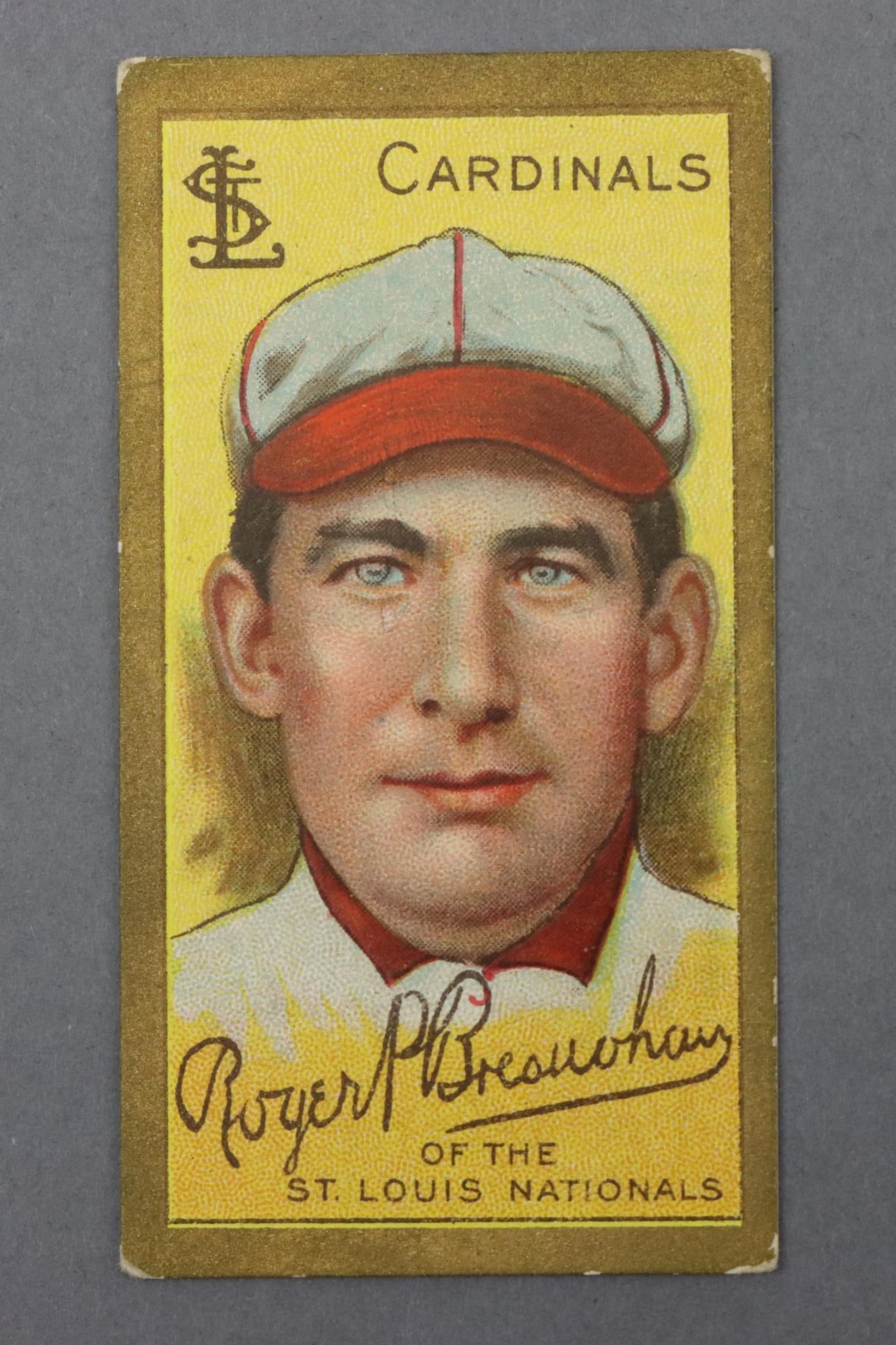 1911 T205 Gold Border Roger Bresnahan HOF Baseball Tobacco Card: 1911 T205 Gold Border Roger Bresnahan HOF baseball tobacco card. The card is free of creases has excellent centering, good corners and a Piedmont Series 400 ad back and a factory 25 caption.