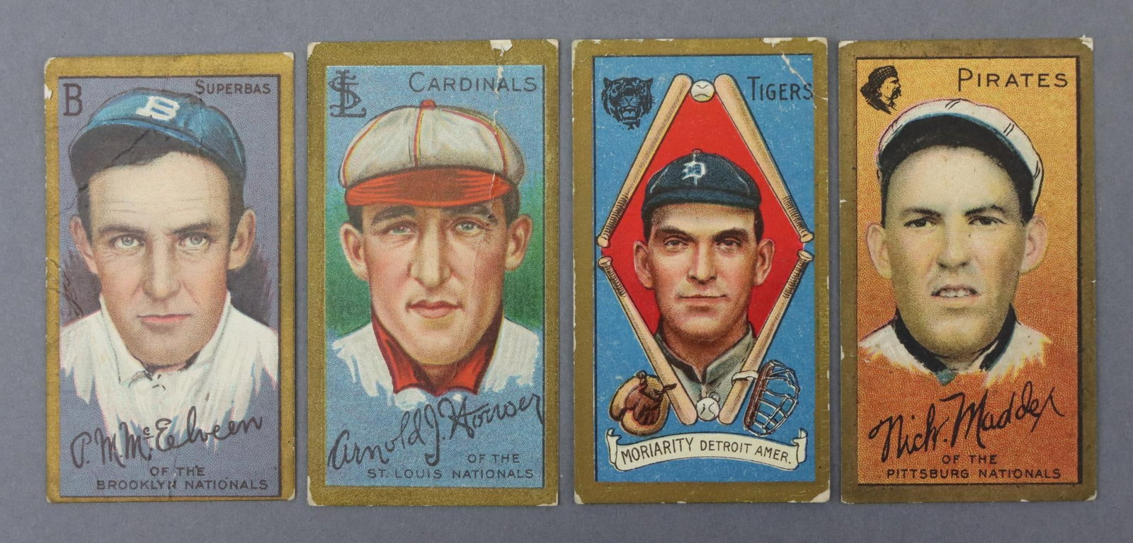 (4) 1911 T205 Gold Border Baseball Tobacco Cards: (4) 1911 T205 Gold Border baseball tobacco cards: Nicholas Maddox (Polar Bear), Arnold Houser (Piedmont), Pryor McElveen (Sweet Caporal) & George Moriarity (Sweet Caporal)