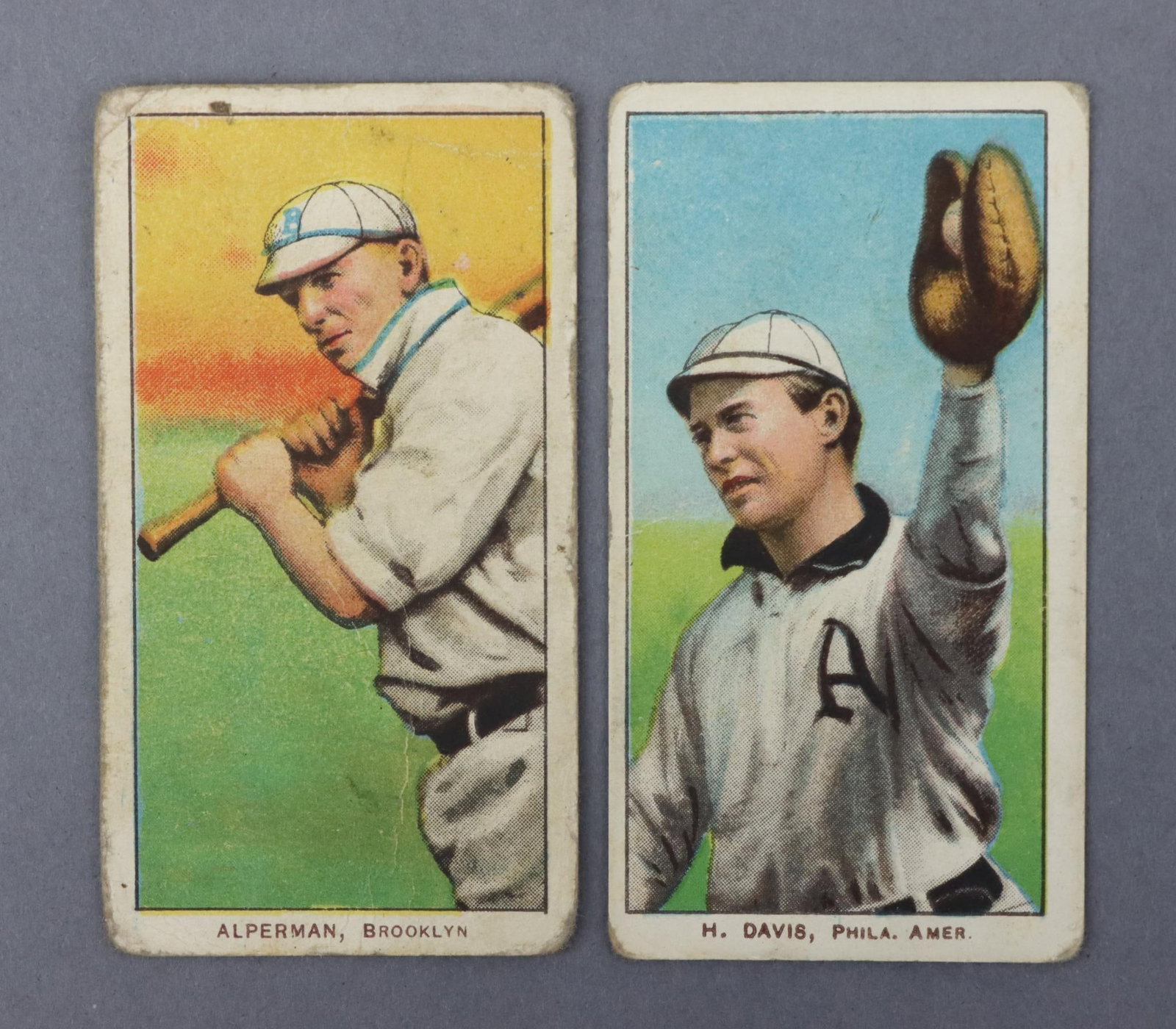 (2) 1909-11 T206 Sweet Caporal Baseball Tobacco Cards: (2) 1909-11 T206 Sweet Caporal White Border baseball tobacco cards: Whitey Alperman & Harry Davis (H. Davis on front variation). Both cards have a light crease. They both feature a Sweet Caporal 150 S