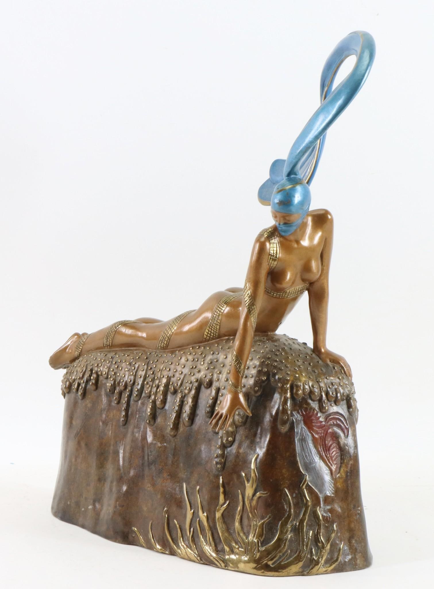 Romain (Erte) De Tirtoff (1892 - 1990): Bronze sculpture, "French Rooster", depicting a semi-nude woman in Art Deco attire, with an image of a rooster to the base, impressed signature to the base, released by Chalk & Vermillion and Sevenart