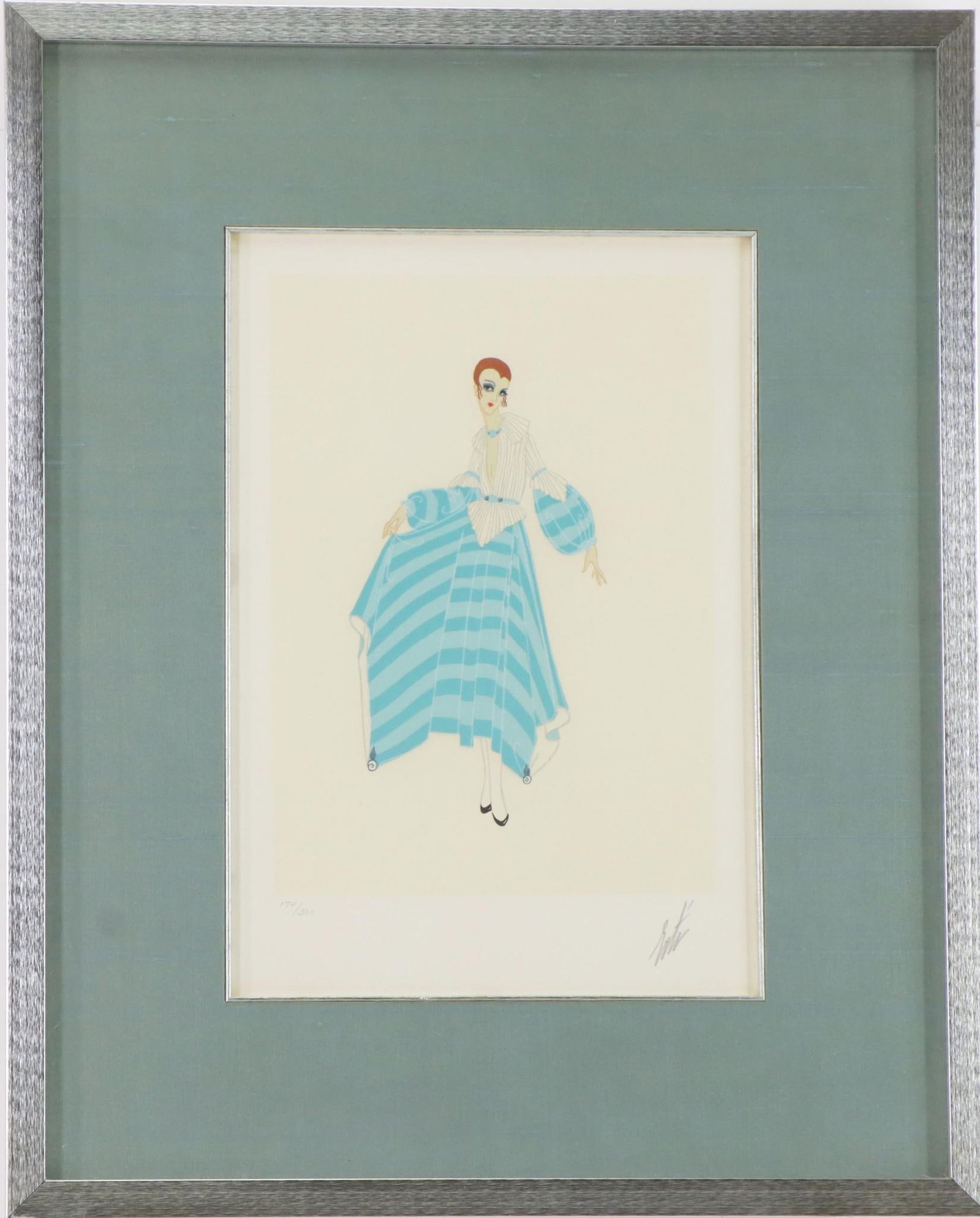 Romain (Erte) De Tirtoff (1892 - 1990): Serigraph, pencil signed and numbered 174/300. Stylized art deco fashion illustration. 12.75"h x 8.75"w sight and 20"h x 16"w framed