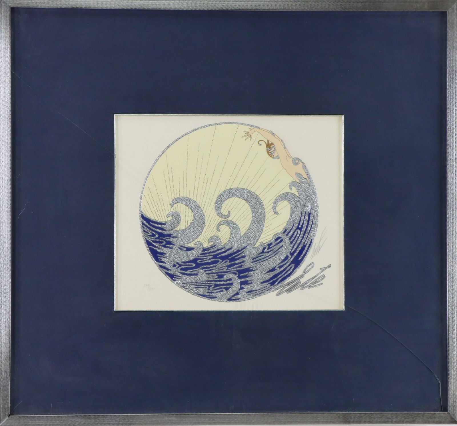 Romain (Erte) De Tirtoff (1892 - 1990): Serigraph, "The Wave", pencil signed and numbered 179/300. Glass has a crack. 10"h x 12"w sight and 22.5"h x 24"w framed