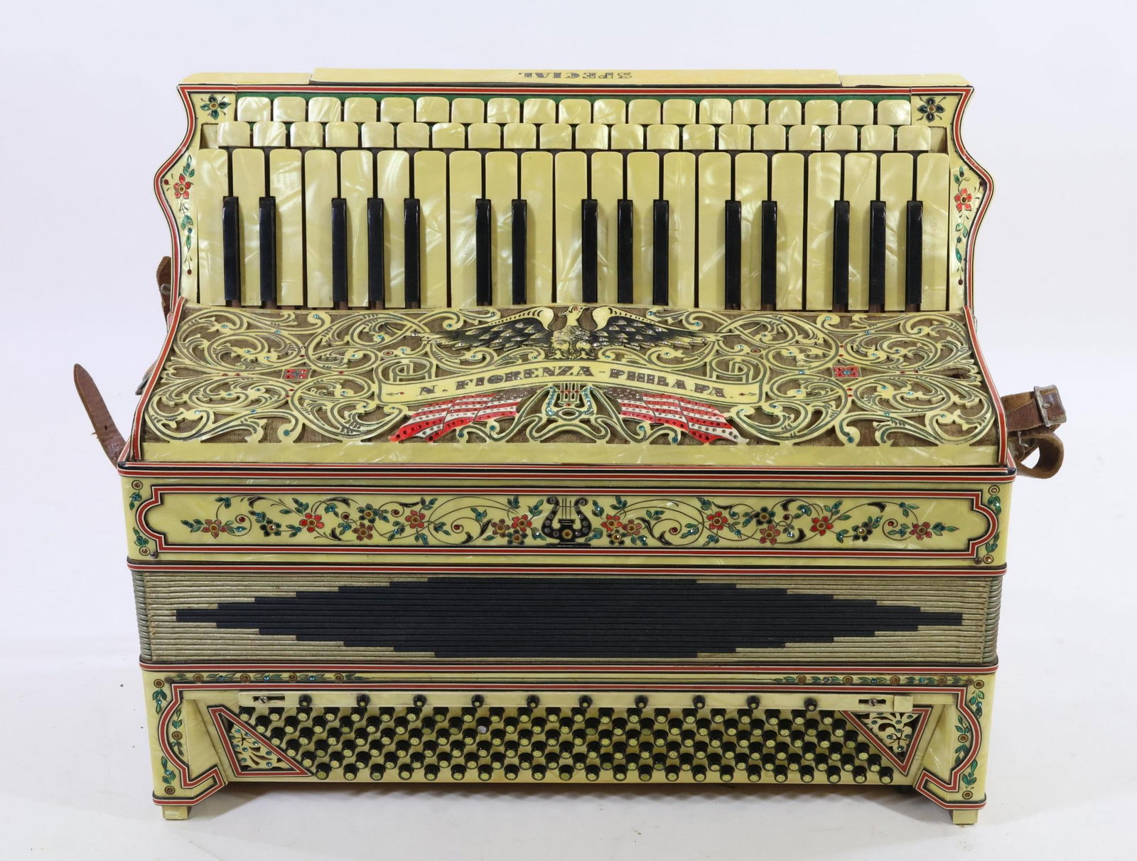 120 Bass Accordion: 120 Bass Accordion. Very Fancy Pearloid/Celluloid Cabinet Heavily Encrusted with Rhinestones. "N. Fiorenza, Phila, Pa.". Bellows Appear Tight. Some Stuck Keys. Vintage Sheet Music and Photos in Hard C