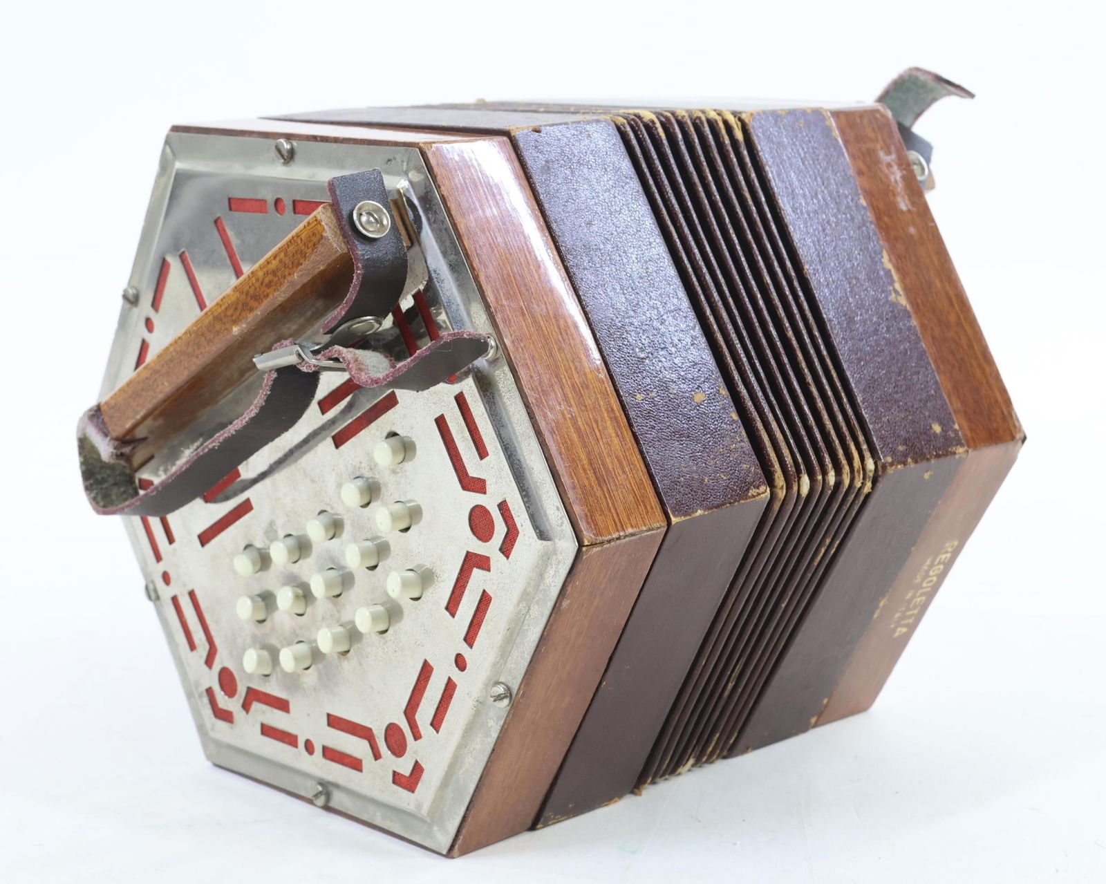 Regoletta Concertina: Regoletta Diatonic Concertina (Italy). Play Tested OK. Minor Air Leak in Bellows. With Case
