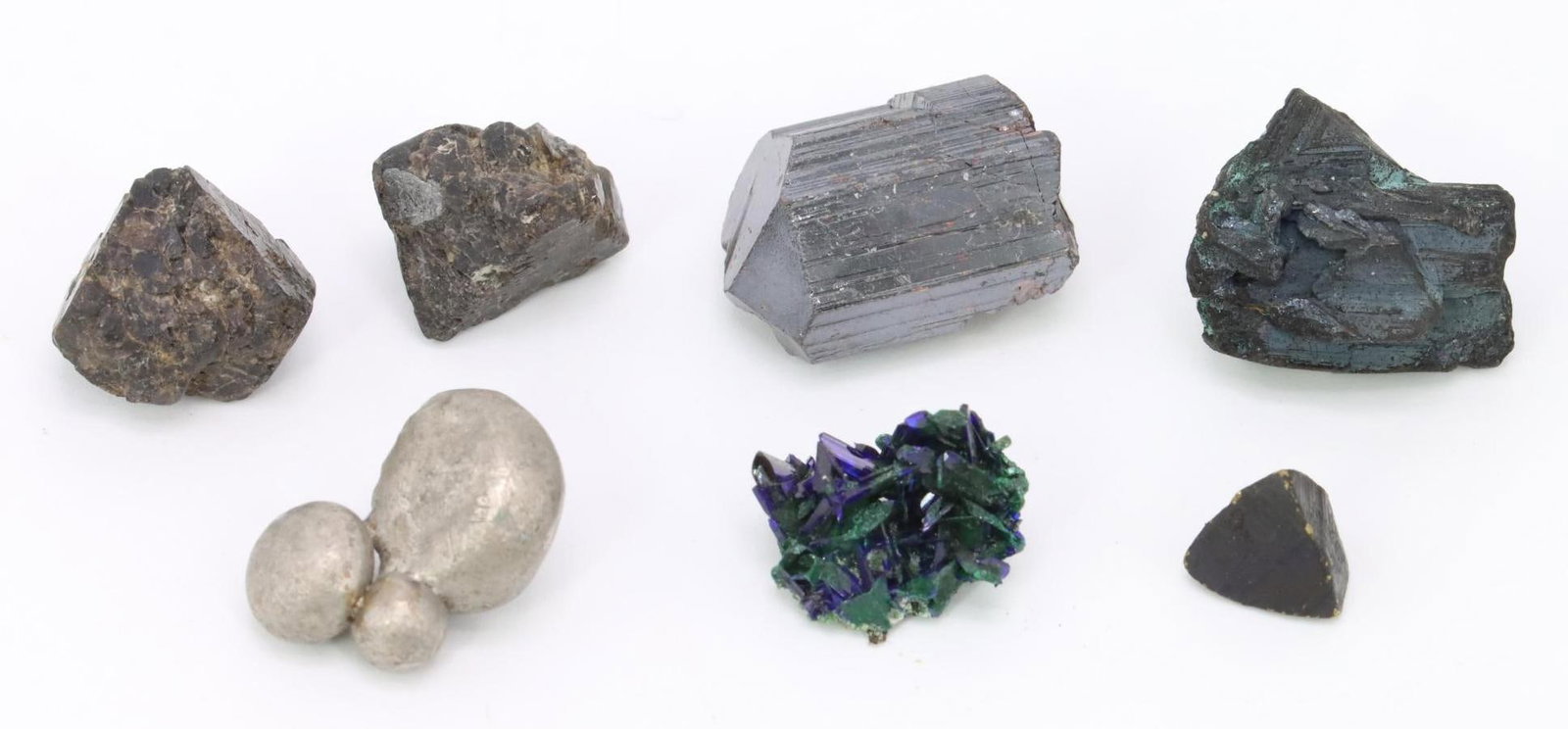 Mineral Specimens: Mineral specimens (6) - Chalcoilite.xl group 5.7g (Bristol, Connecticut), Rutile.xl 6.6g (Alexander Co., North Caroline), Nickel/refined, man produced 6.5g (Foote Mineral Company), Azurite.xl group 1.