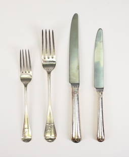 Victorian British Sterling Silver Forks With Complementing Knives: British sterling silver Old English tipt 8.5" and 7" forks, with engraved family crest to the terminal. Marks as follows: Glasgow, 1851, by John Murray or John Muir, and 1855, makers mark "W.F."; Lond