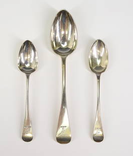 Victorian British Sterling Silver Spoons: British sterling silver complementing set of Old English tipt tablespoons and teaspoons with engraved family crest to the terminal. Marks as follows: Glasgow, 1851, by John Murray or John Muir, and 18