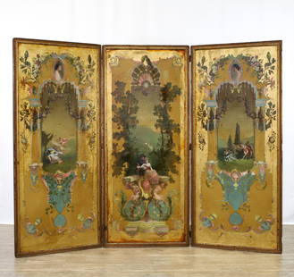 Italian Painted Screen: 19th C. three-panel giltwood screen, each panel mounted with gouache over gilt on canvas on board paintings after Giovanni Domenico Tiepolo's "Mercury Appearing to Aeneas" "Rinaldo and Armida in her M