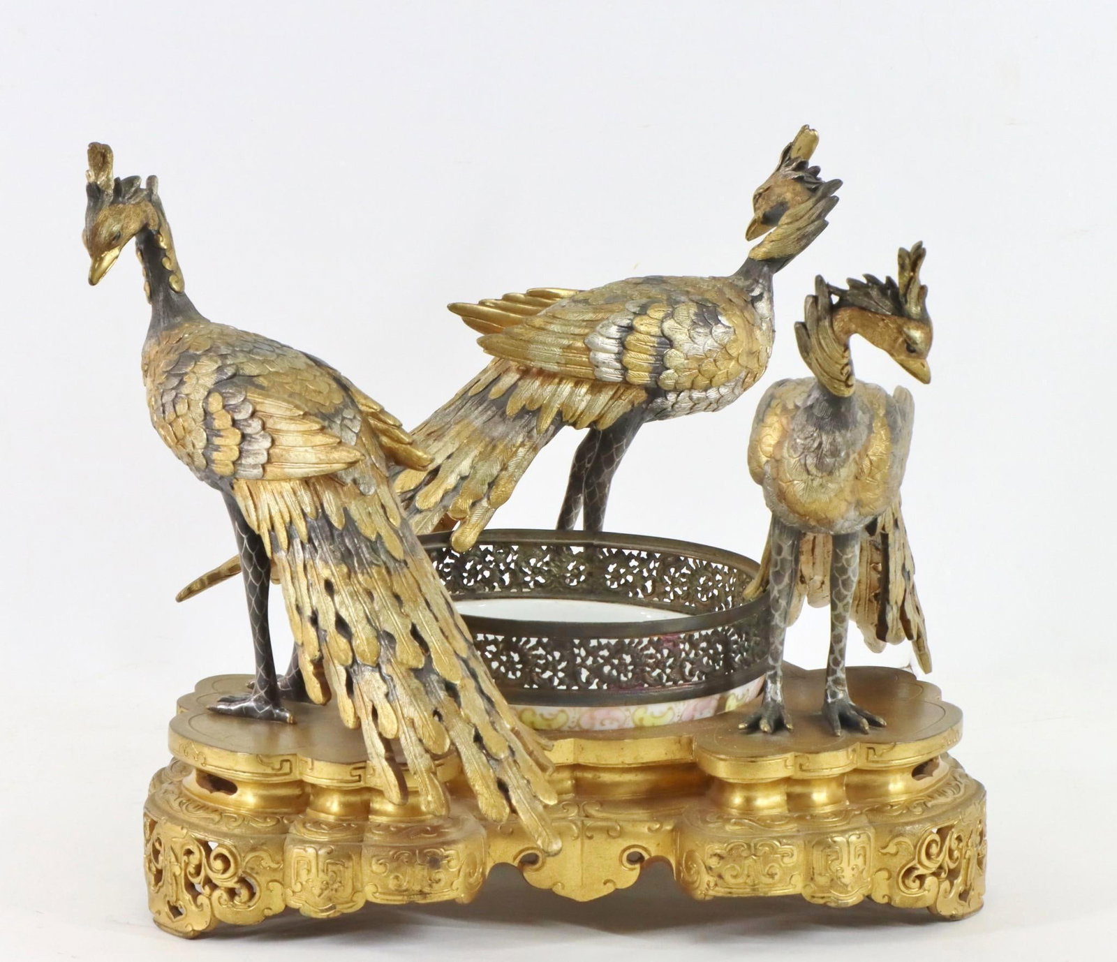 Attr. G. Viot Et Cie. Centerpiece: French Japonisme gilt and silver plate sculptural centerpiece in the form of three phoenixes standing on a platform and surrounding a porcelain bowl and gallery marked for Samson. Attributed to G. Vio