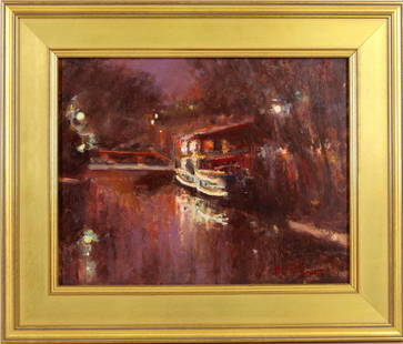 Anthony Michael Autorino (1937 - 2015): Oil on board, "Canal House", SLR. Impressionist nocturne of a canal side home. 11"h x 14"w and 16"h x 19.5"w framed