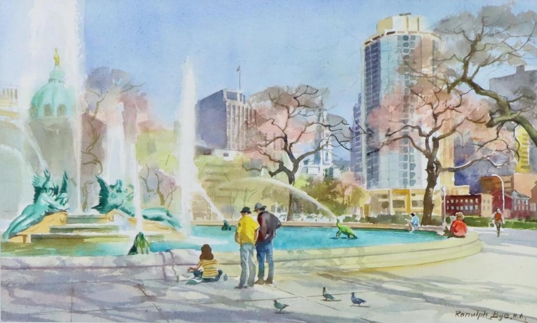 Ranulph Bye (1916 - 2003): Watercolor, Logan Circle", SLR, Cityscape of the famed fountain with the Philadelphia skyline in the distance. 15"h x 24"w inside mat and 23.5"h x 32.5"w framed