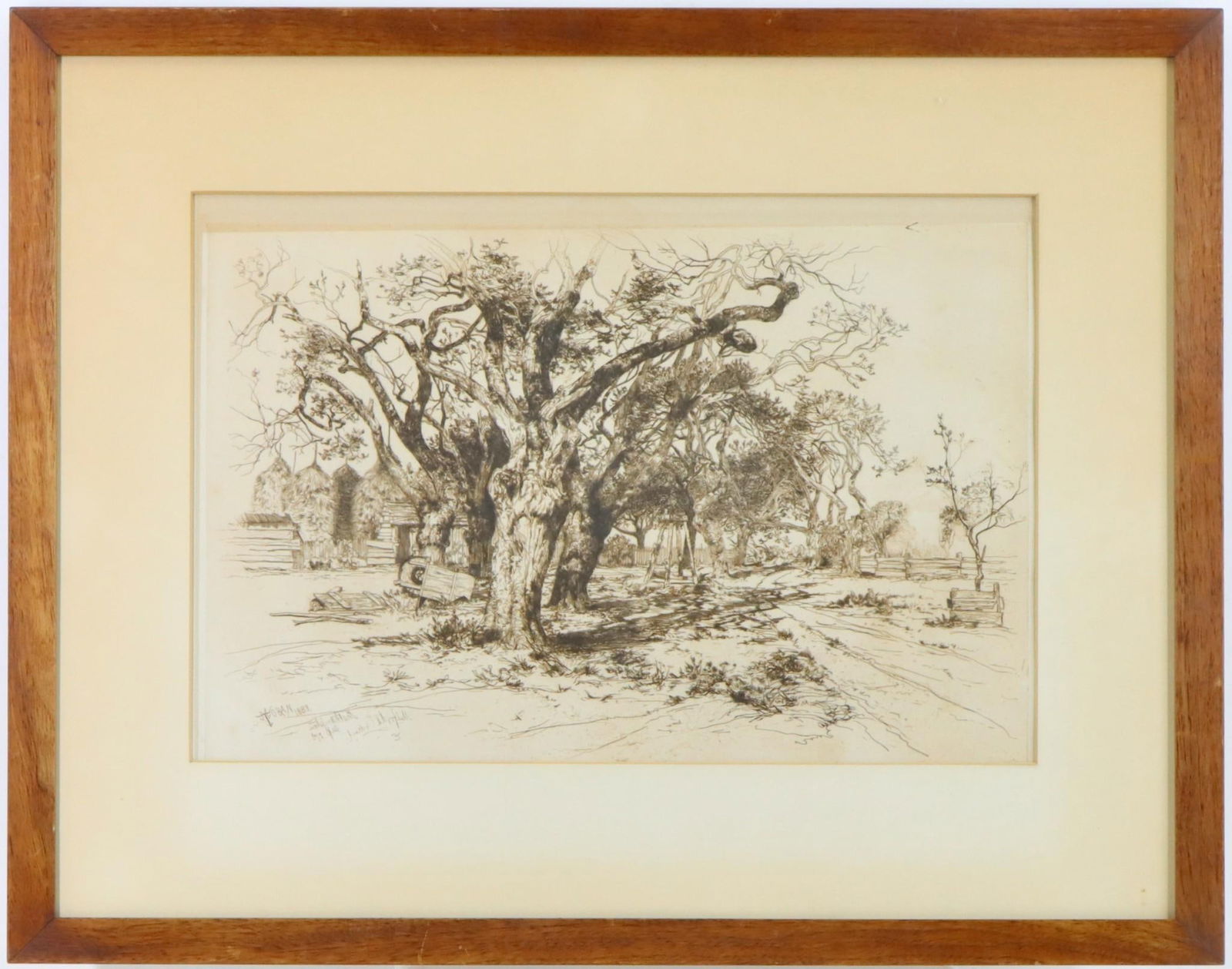 Thomas Moran (1837 - 1926): Etching, SLL and titled "Mulford's Orchard". 12"h x 18"w inside mat and 20"h x 25"w framed