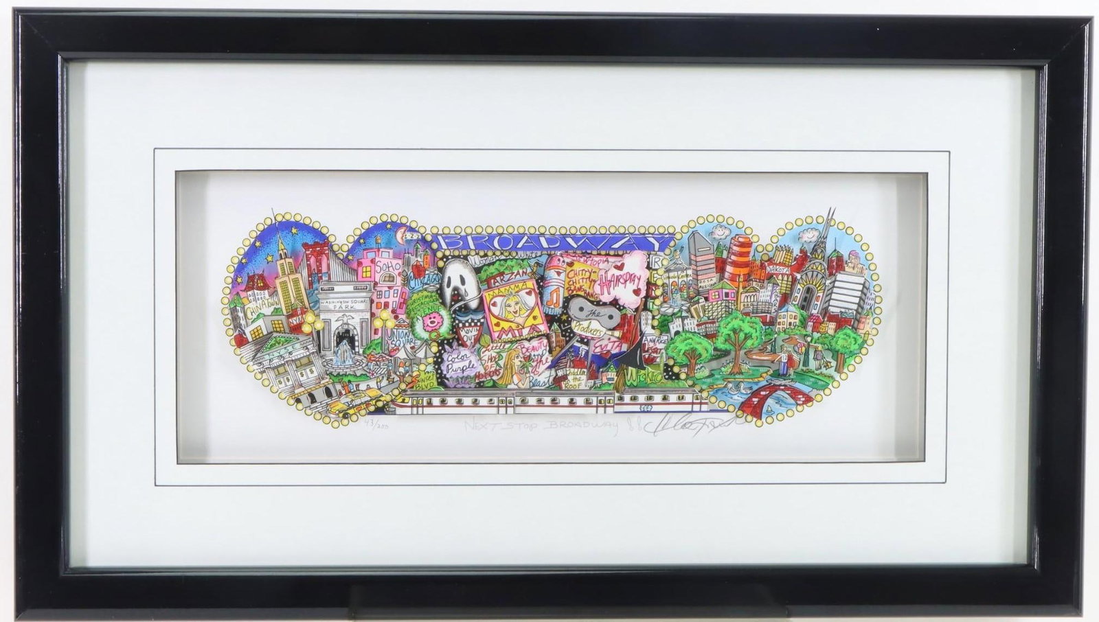 Charles Fazzino (Born 1955): collaged 3-D serigraph, "Next Stop Broadway", pencil signed and numbered 43/200. 15.5"h x 27.75"w framed