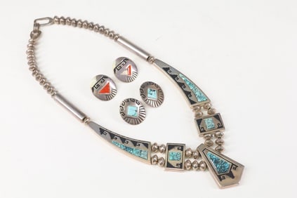 Native American Reversible Sterling Silver Squash Blossom Necklace and Earrings