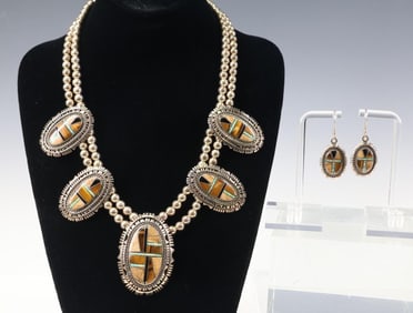 Native American Sterling Silver Squash Blossom Necklace and Earrings