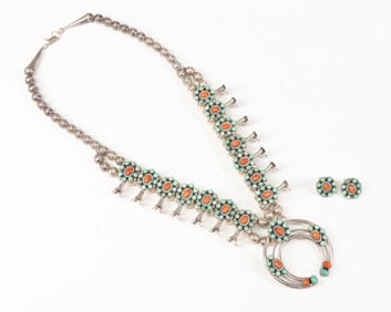 Leon Kirlie Navajo Sterling Silver Squash Blossom Necklace and Earrings