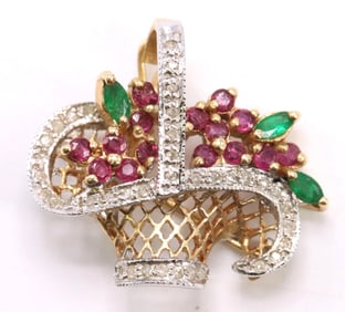 14k YG Diamond Emerald and Ruby Pin