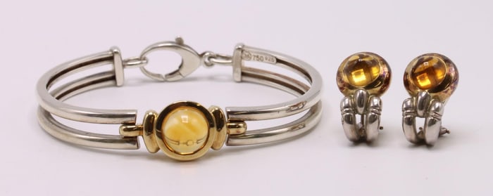Movado 18k YG Sterling Silver Citrine Bracelet and Earrings