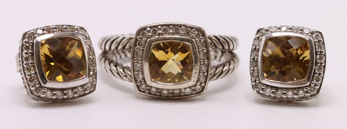 David Yurman Sterling Silver Citrine Ring and Earrings