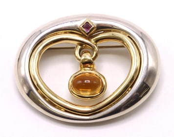 Movado 18k YG Sterling Silver Citrine Amethyst Brooch
