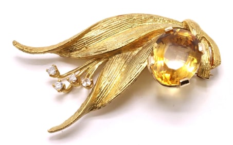 14k YG Citrine Diamond Brooch