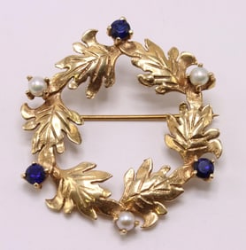 14k YG Sapphire and Pearl Brooch