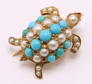 18k YG Turquoise and Pearl Pin