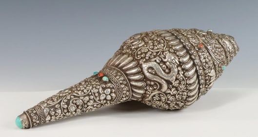 Tibetan Silver Clad Conch Trumpet