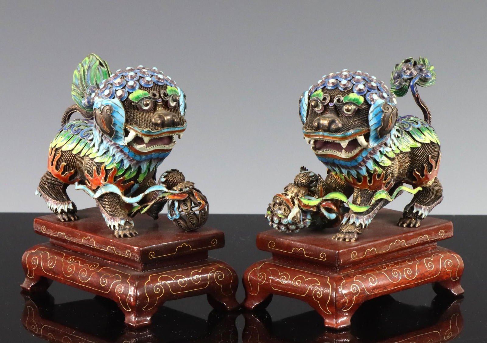 Chinese Export Silver Filigree Gilt & Enamel Foo Dogs (1 of 9)