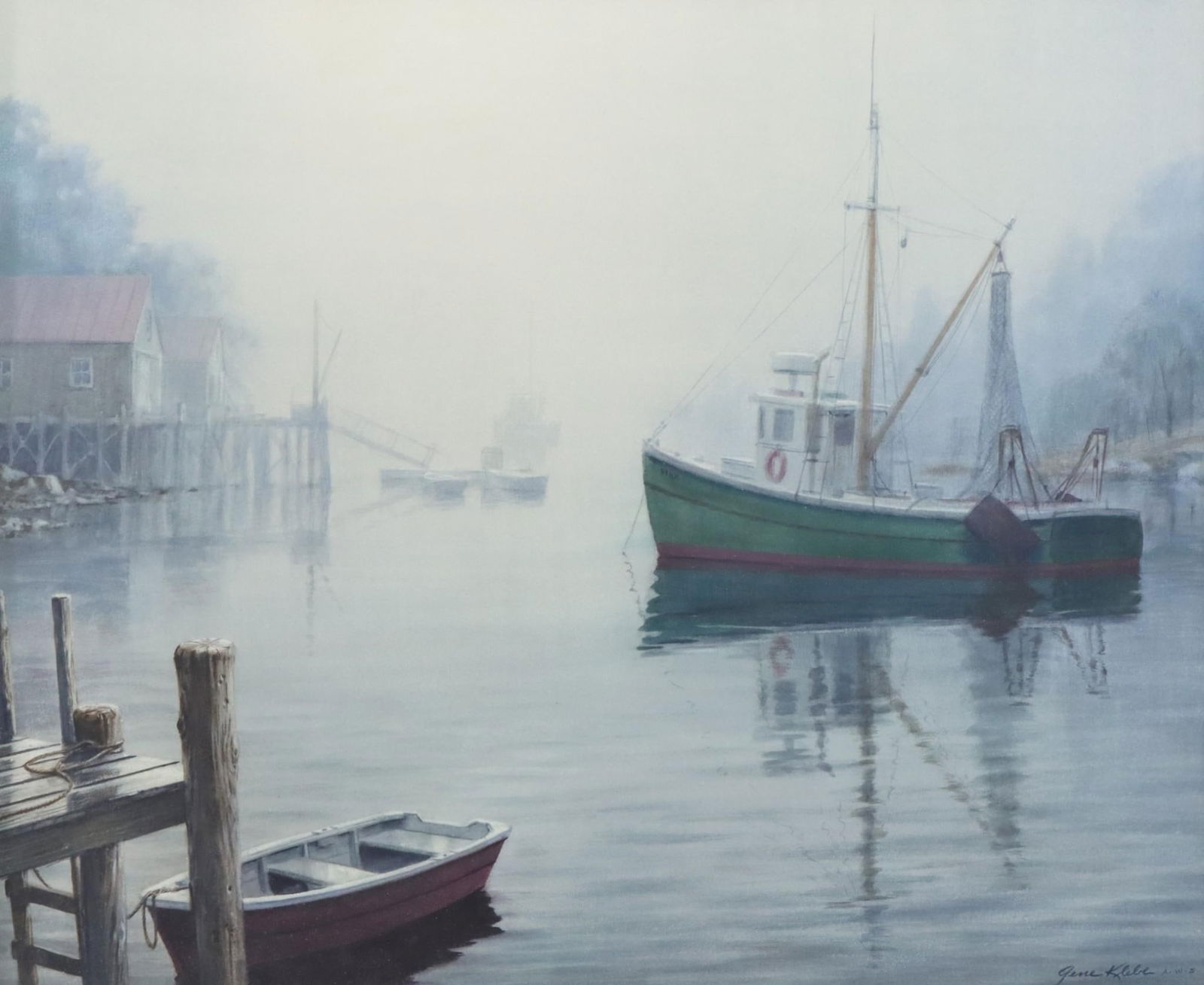 Gene (Charles Eugene) Klebe (1907 - 2009): Watercolor “Black Cove Fog”, SLR. 19”h x 23.5”w and 26”h x 30”w framed