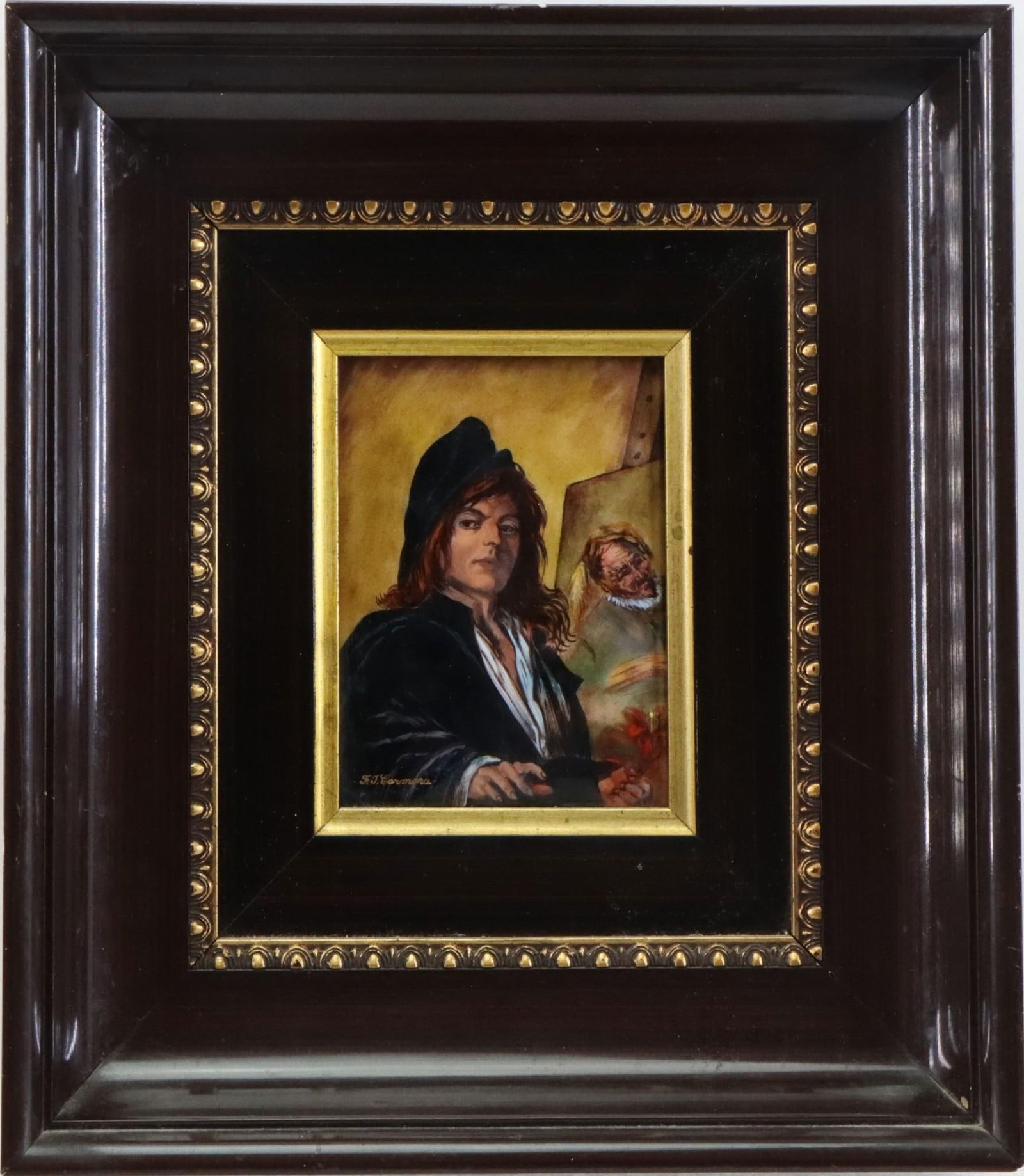 Limoges Plaque: Hand painted porcelain plaque signed "F.J. Carmona". Painted after Frans Hals'(1580 - 1666) "The itinerant painter". 5"h x 3.5"w and 11.75"h x 10.5"w framed
