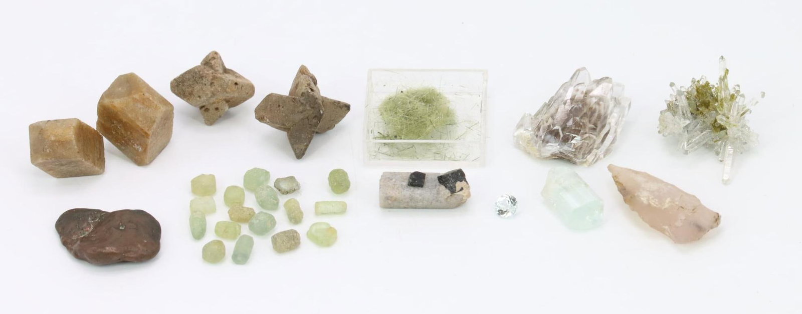 Mineral Specimens: Caseum Beryl/faceted #2177 (Mt. Mica, Maine 0.0g), Silver/Copper/var.halfbreed #2542 (Keweenaw Peninsula, Michigan 7.4g), Corundum/XLS/var.Sapphire #1590 (Sapphire Gulch, Montana 2.7g), Quartz/var.Cha