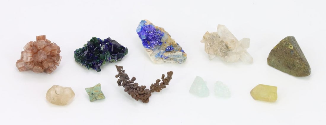 Mineral Specimens: Azurite/XL group/Malachite #2550 (Mina San Carlo, Mexico 1.9g), Chalcopyrite/XL #2539 (7.9g), Silver #2697 (Mitchell, AZ 2.0g), Boracite/XL #2478 (Saxony, Germany 0.7g), Beryl/XL/var.golden #7598 (0.6