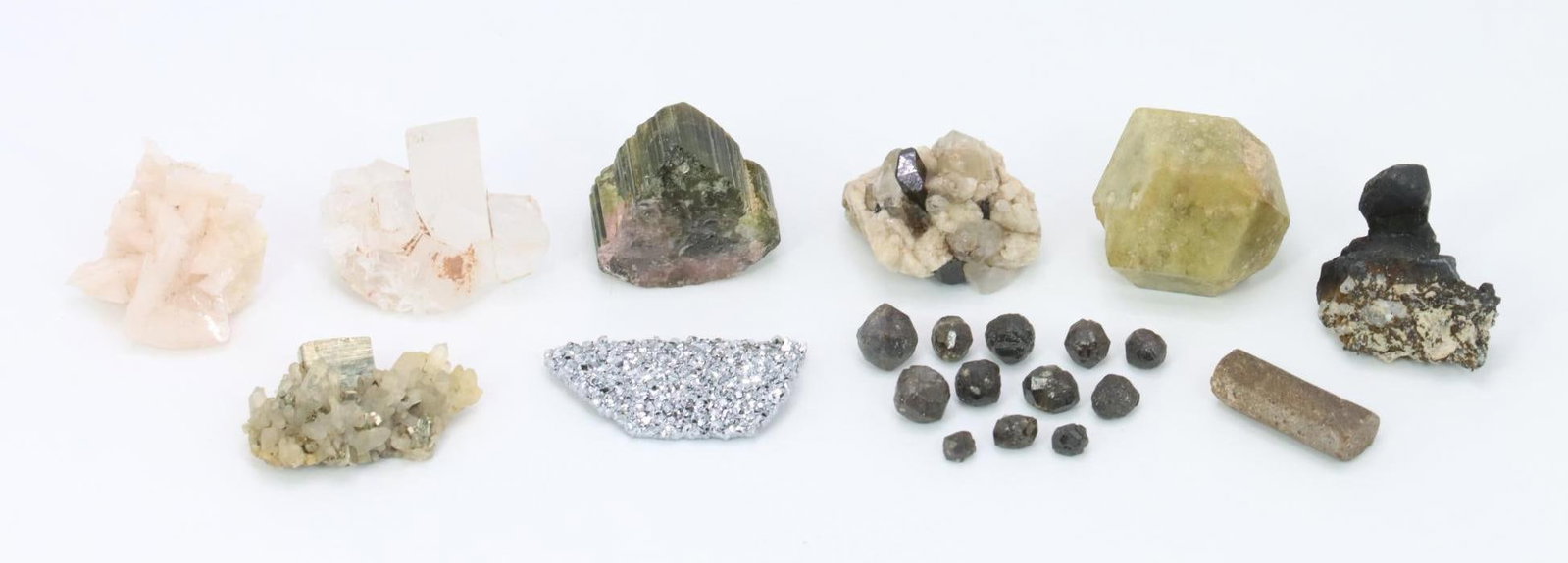 Mineral Specimens: Chromium/XLD #7614 (man-made 4.0g), Staurolite/XL/var.single XL #1862 (Pizzo Forno, Switzerland 1.5g), Celestite/XL group #3083 (Gloucester, England 9.1g), Garnet/XL #7790 (Cornwall, Pennsylvania 2.9g