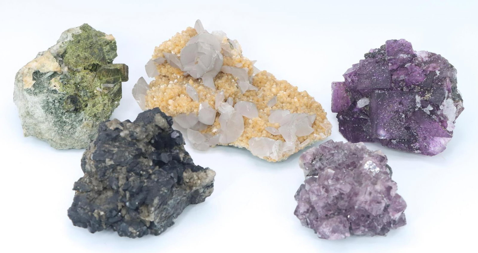 Mineral Specimens: Stilbite/XL group/Calcite/XL group/matrix #4860 (Moore Station, NJ 274.2g), Epidote/XL group #7565 (Untersulzbachtal, Austria 257.2g), Fluortie/XL group #102 (Rosiclare, Illinois 285.1g), Tourmaline/X