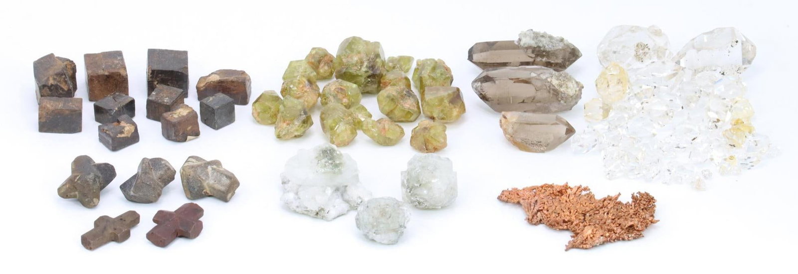 Mineral Specimens: Limonite after Pyrite XLS #3131 (Gap Mine, Pennsylvania 50.6g), Chrysoberyl/XL #4107 (Marschendorf, Czechoslovakia 58g), Quartz/XL/var.smoky #3361 (Grimsel, Switzerland 26.9g), Quartz/XL/var. Herkimer