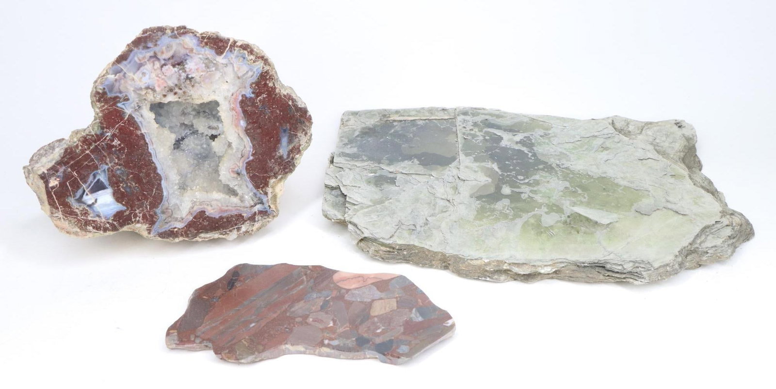 Mineral Specimens: Agate geode (unknown location), Mica (unknown location) and Reading, Pennsylvania conglomerate specimen.