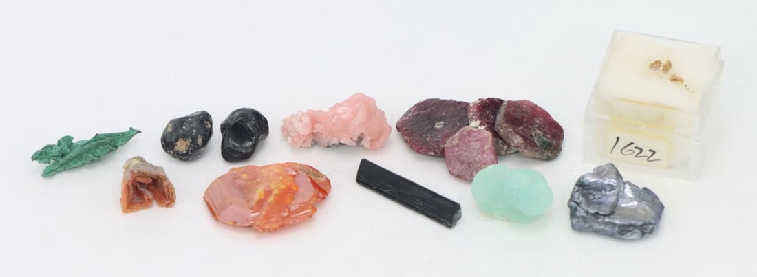 Mineral Specimens: Malachite Pseudo Gypsum/var.Selenite #3814 (Aoex Mine, Utah 1.4g), Tachylite/Basaltic Volcanic Glass #1113 (unknown location 2.2g), Rhodochrosite/XL #1817 (Colorado 2.9g), Corundum/XL/var.Ruby #3717 (