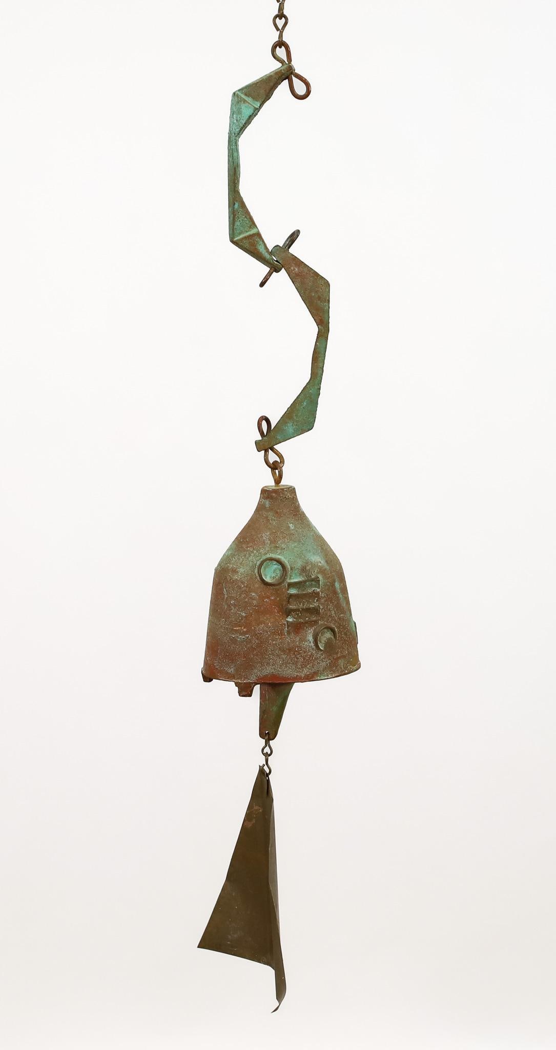 Paolo Soleri for Arcosanti Windbell: Bronze bell in a matte verdigris finish, with copper wind sail, marked. 22", 40" including chain